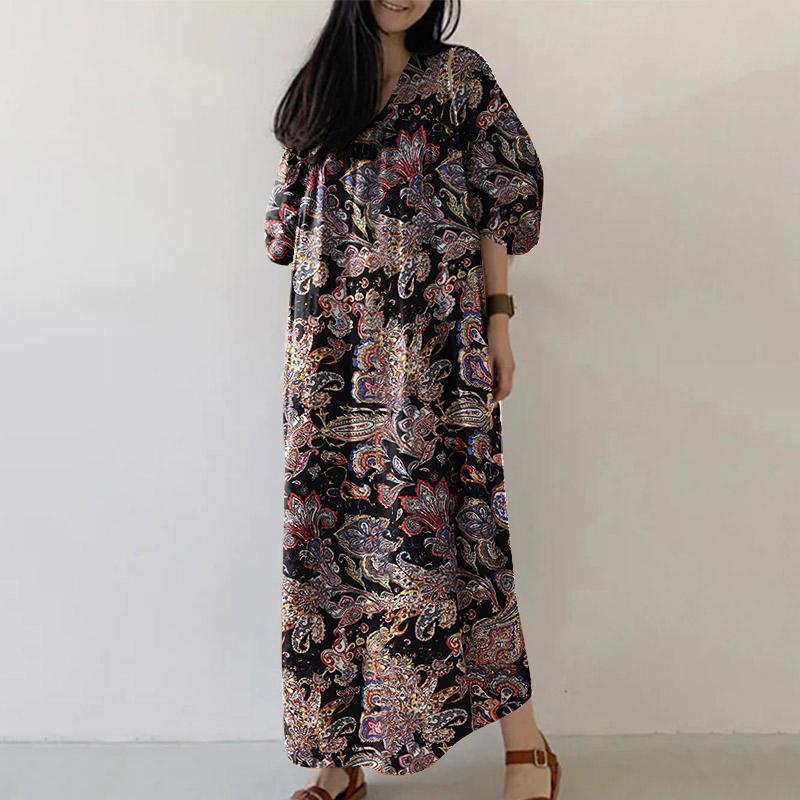 

ZANZEA Этнический принт Женское повседневное платье с V-образным вырезом и рукавами 3/4 свободного кроя L