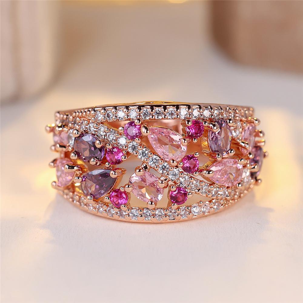 Trendy Purple Pink Zircon Wide Vintage Rose Gold Color Wedding Bands Engagement Rings For Women Men Minimalist Jewelry