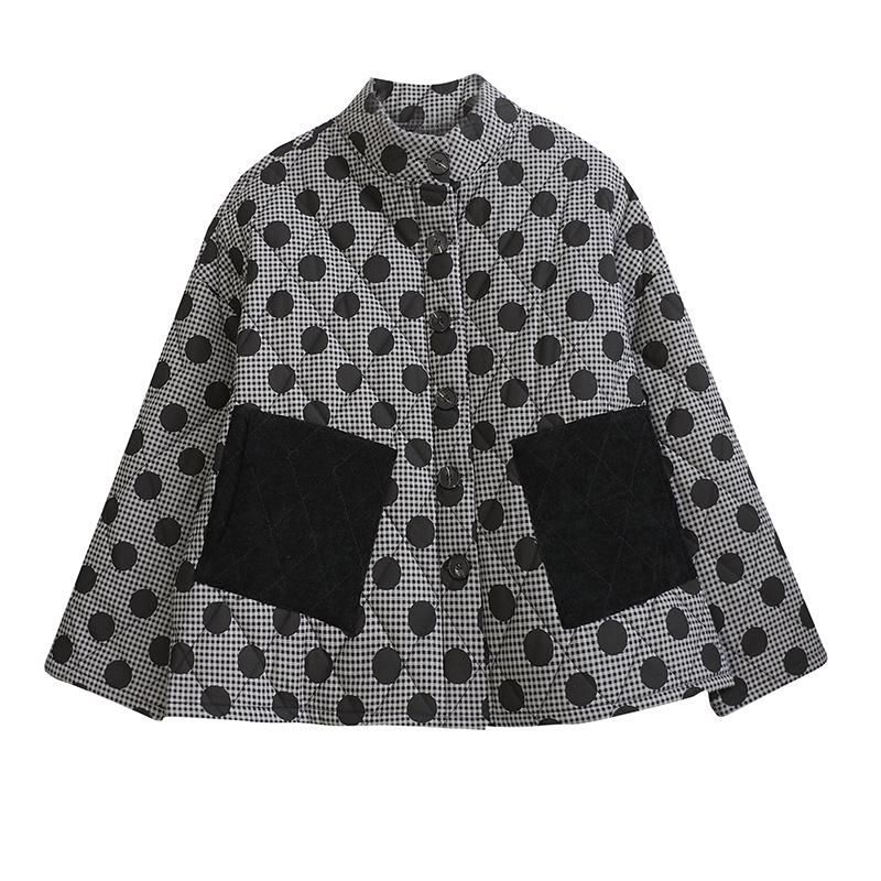 2024 Plus Size Women's Retro Argyle Short Quilted Cotton Jacket with Polka Dots