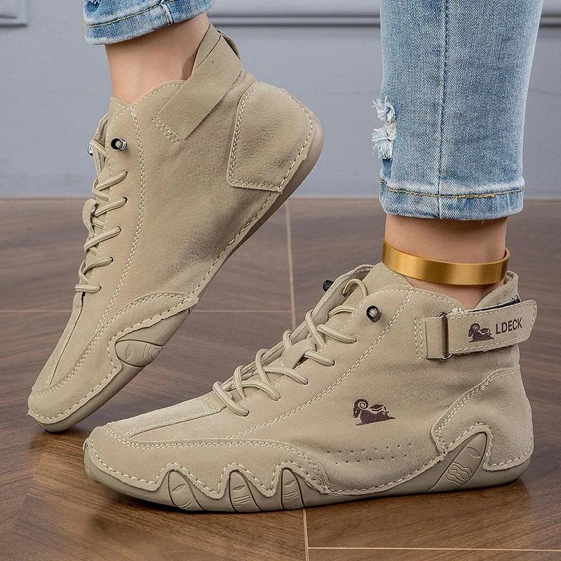 Women's Bare Boots Synthetic Leather Wear Resistant Trendy Soft Soled Non Slip Flat Shoes Lace Up Casual Sports High Top Shoes
