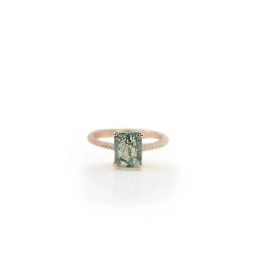 Emerald Cut Moss Agate Ring: Rose Gold Plated Stacking Wedding Ring: Cubic Zirconia Bridal Jewelry For Women