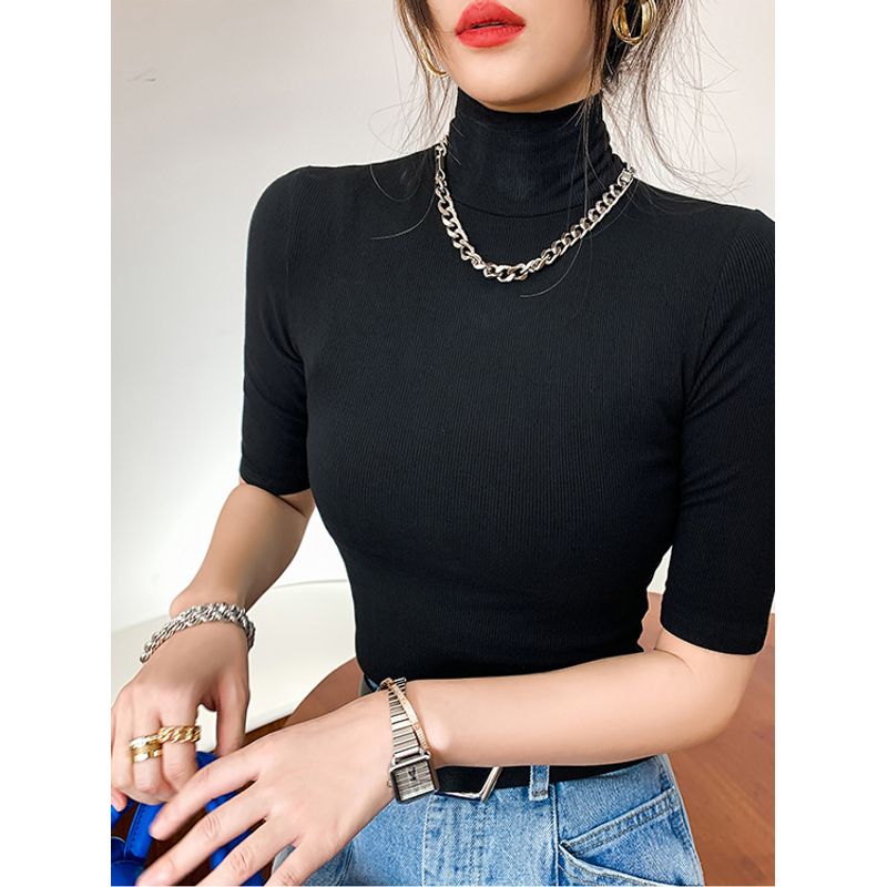 Magic Queen Thread Half Sleeve T-shirt Women Spring and Summer Half Sleeve Turtleneck Shirt Inner wear Slim fit Top T-Shirt