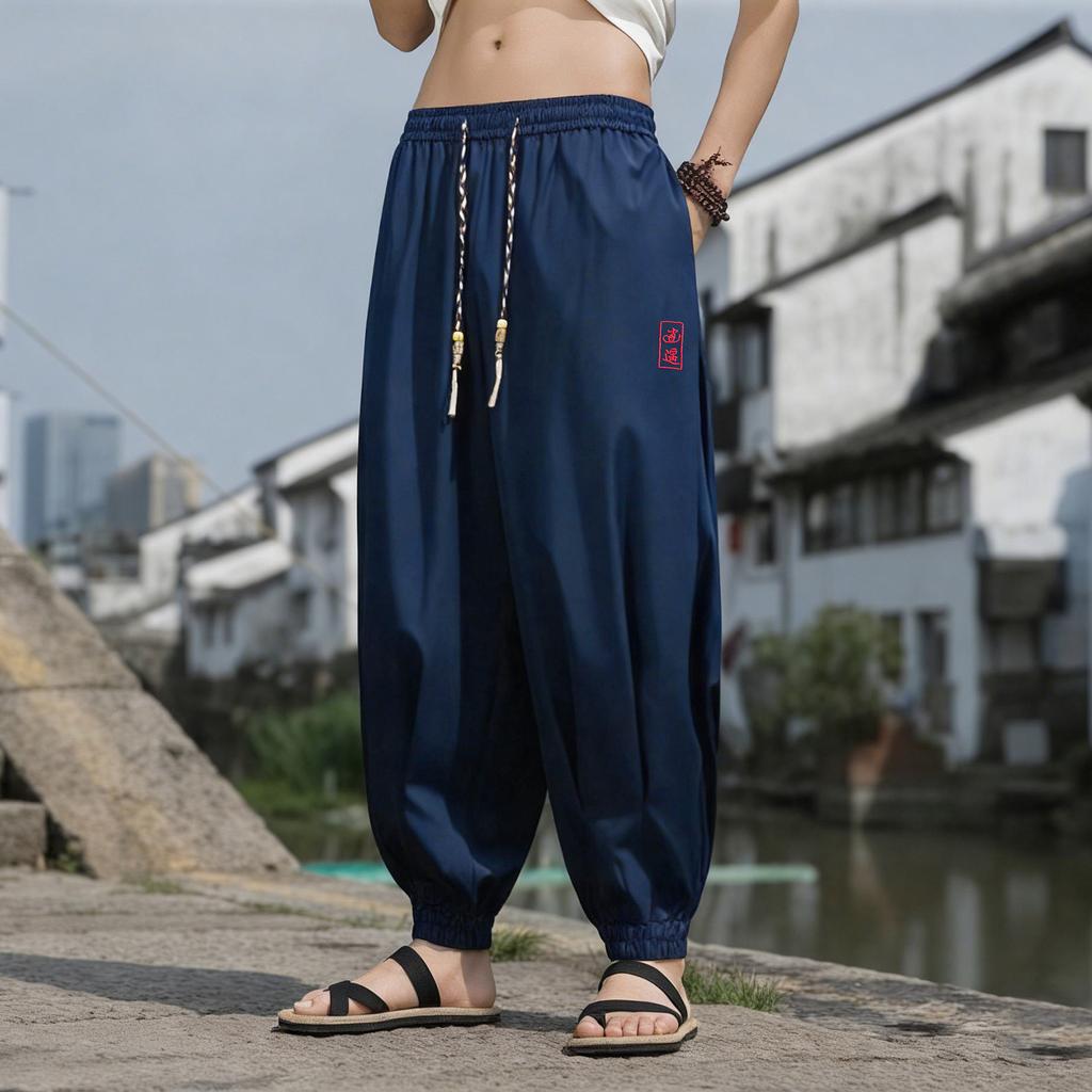 Chinese Style Beach Pants Men's Loose, Wide Leg, Leg Tied Cropped Pants