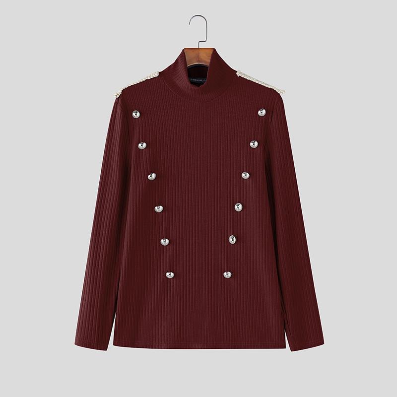 INCERUN Spring Men's High Neck Long Sleeve Buttons Decorative Fitted T-shirts Tops Undershirts