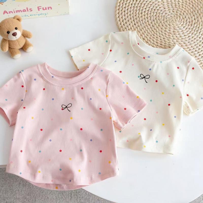 Girls' Polka Dot Cotton T-Shirt, Short-Sleeve, Breathable, for Small & Medium Children, Perfect Summer Wear.