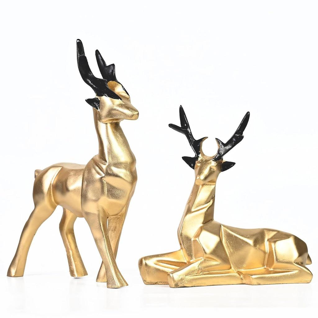 Zestaw 2 żywicznych rzeźb jeleni Hiran do dekoracji domu i biura inspirowanych naturą, idealny dla miłośników przyrody, doskonały dla przyjaciół i rodziny (Złoto)