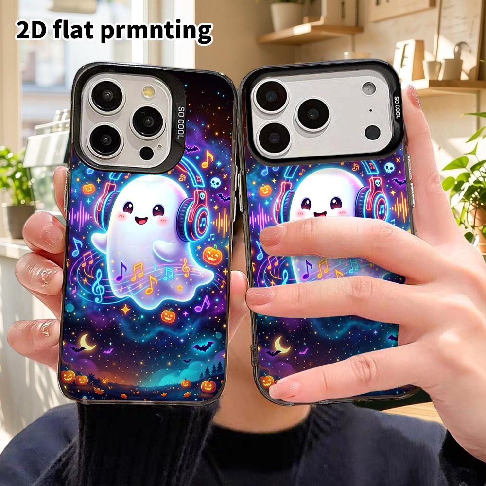Phone Case: 2D flat, suitable for iPhone 18 17 16 15 14 13 12Pro protective case, neon little ghost, perfect Christmas and Halloween holiday gift