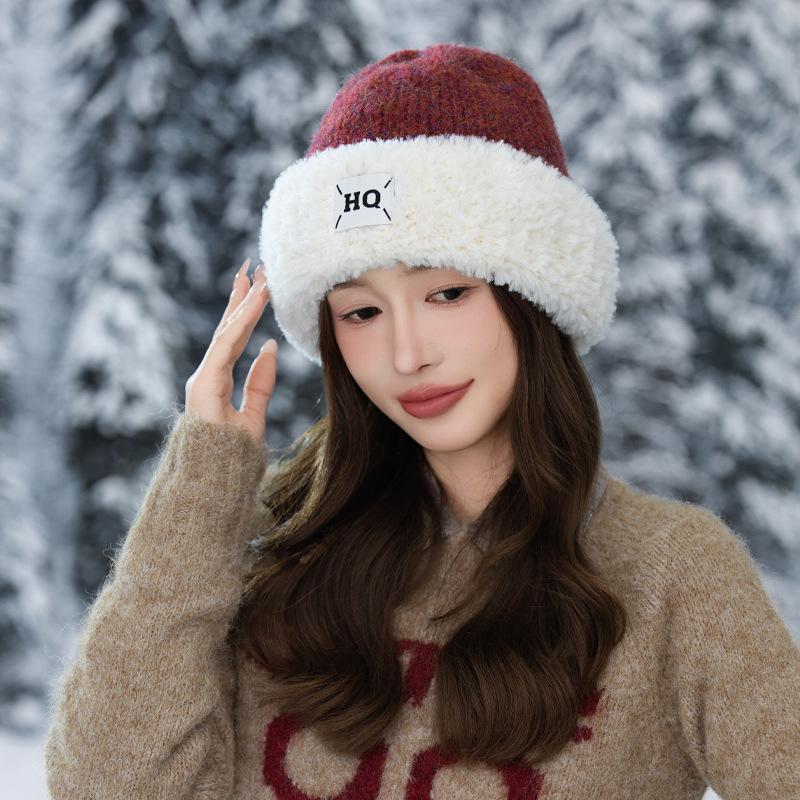 Women's Autumn and Winter Fashion Versatile Thickened Cold Proof Wool Hat Korean Style Big Head Circumference Two Color Plush Warm Hat New