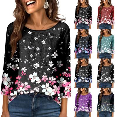 Women's Fashionable Casual Round Neck  3/4 Sleeve  Printed T-Shirt Top