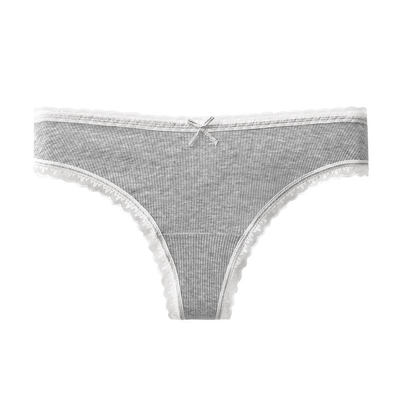 Women Pure Cotton Sexy Lace Mid Waist Ladies Thong Underwear