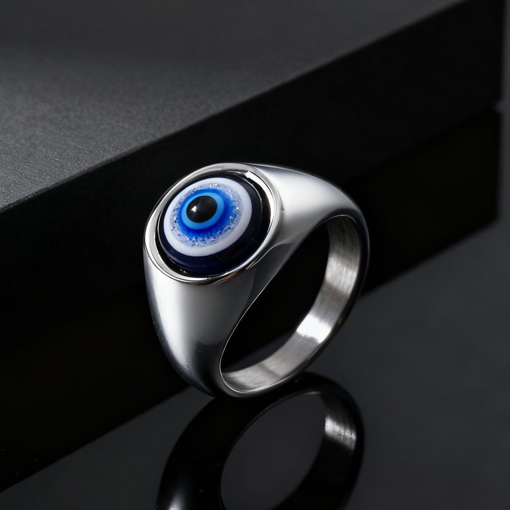 Vintage Turkish Evil Eye Chunky Ring for Men Women, Blue Lucky Eyes Stainless Steel Ring, Hip Hop Punk Eyeball Finger Jewelry