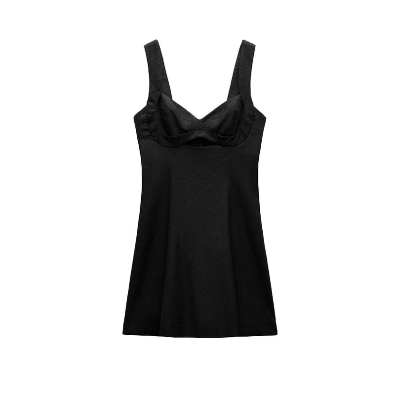 Spring New Arrival Linen Blend Strap Short Black Dress Women's Clothing Casual Elegant Dress 8651396