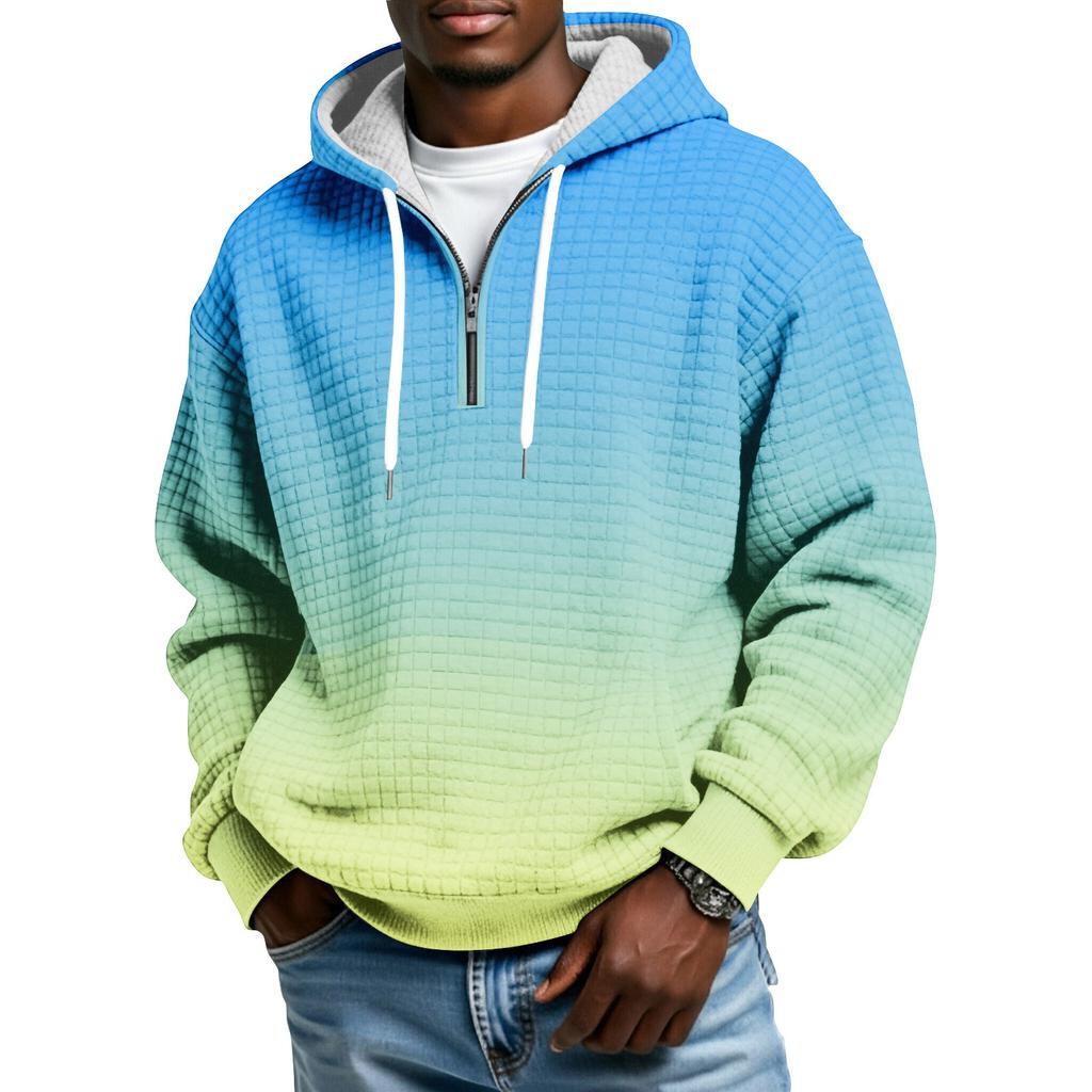 Men's Half-Zip Hooded Plaid Pullover Drawstring Print Casual Sports Sweatshirt