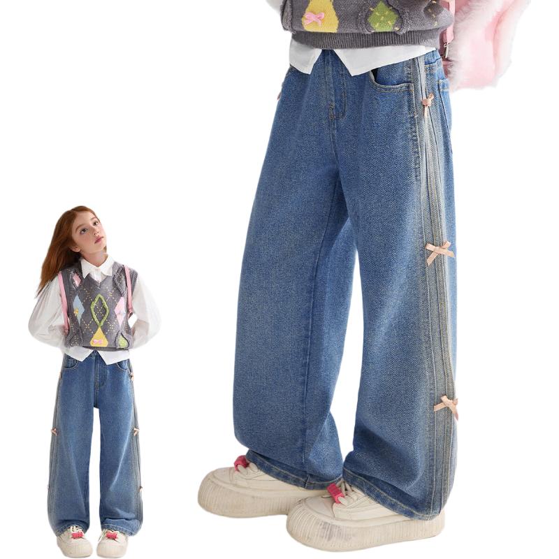 ASK JUNIOR Girls Bow Tie Wide-Leg Jeans 170