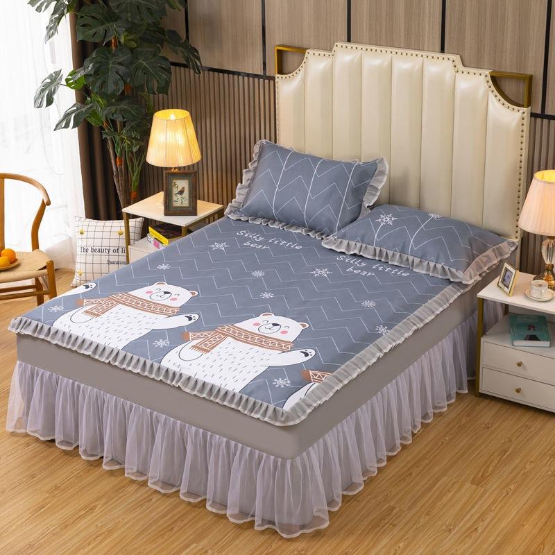 Summer Bed Skirt Ice Silk Summer Mat Water Machine Washable Folding Bed Cover Single Double Air Conditioning Soft Mat Three-Piece Set