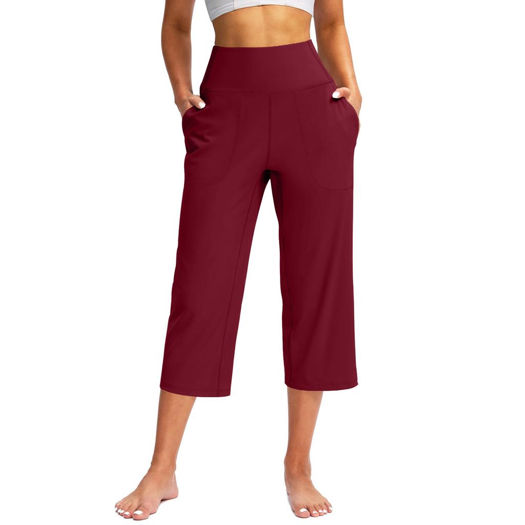 women's High Waist Solid Color Capris Wide Leg Pants Casual Pocket Yoga Cropped Trousers