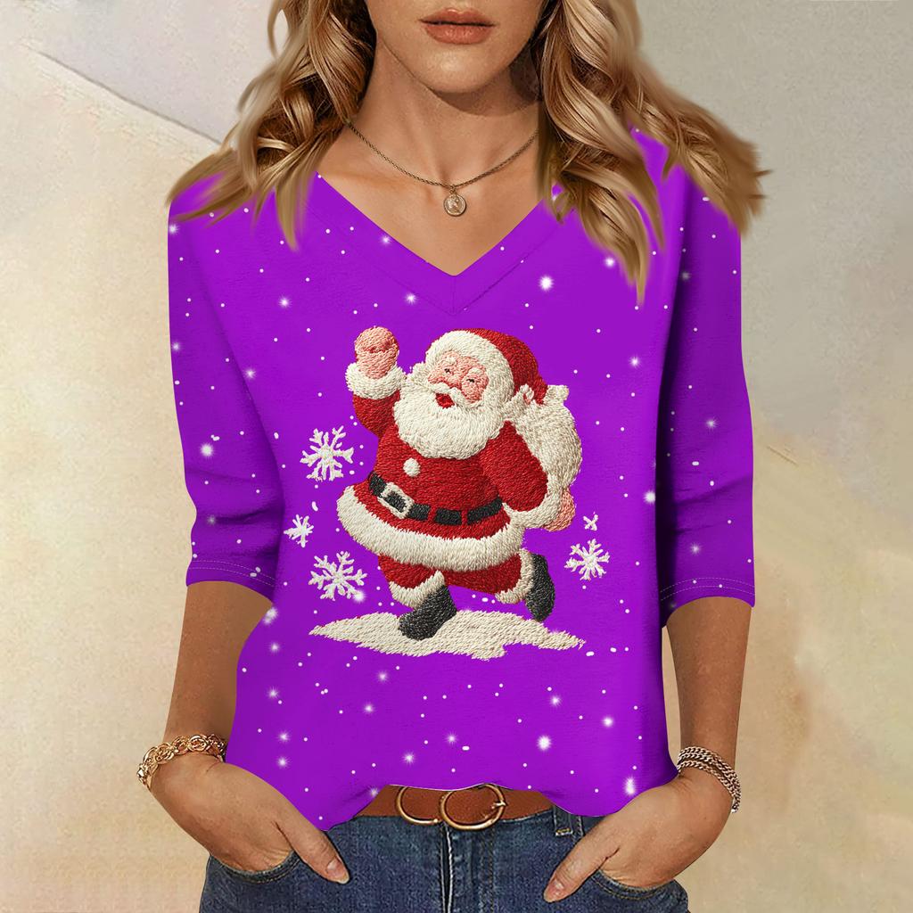 3/4 Sleeve Shirts For Women Print Christmas Tees Blouses Casual Plus Size Basic Tops Pullover