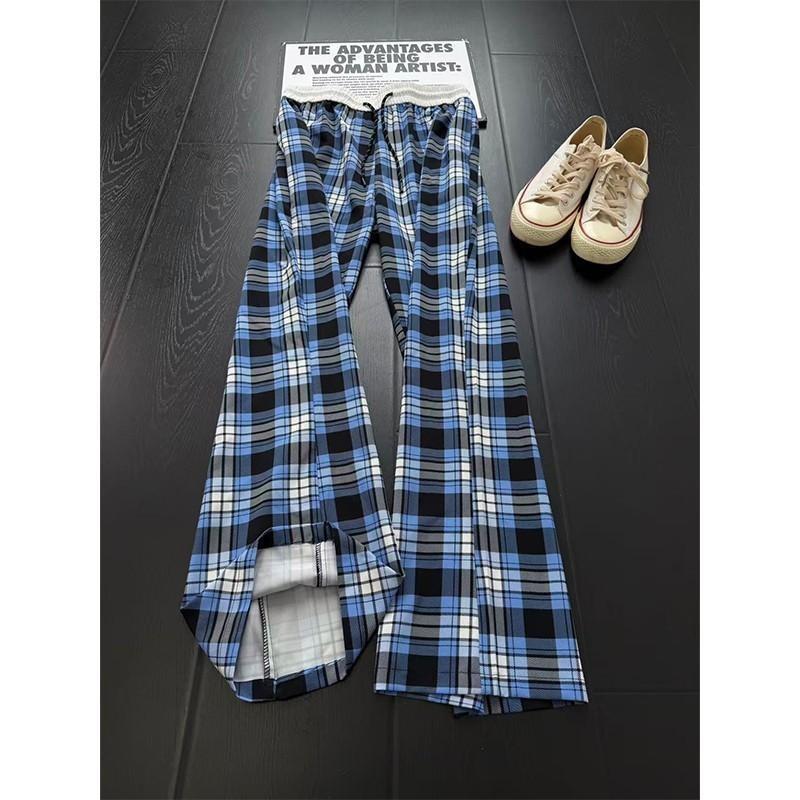 Eean summer sports thin fitcl ice silk navy blue casual plaid pants men's straight pants comfortable American versatile