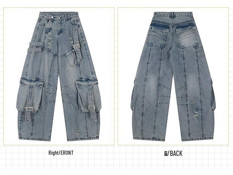 Unisex Wide-Leg Multi-Pocket Ripped Blue Jeans with Deconstructed Ribbon