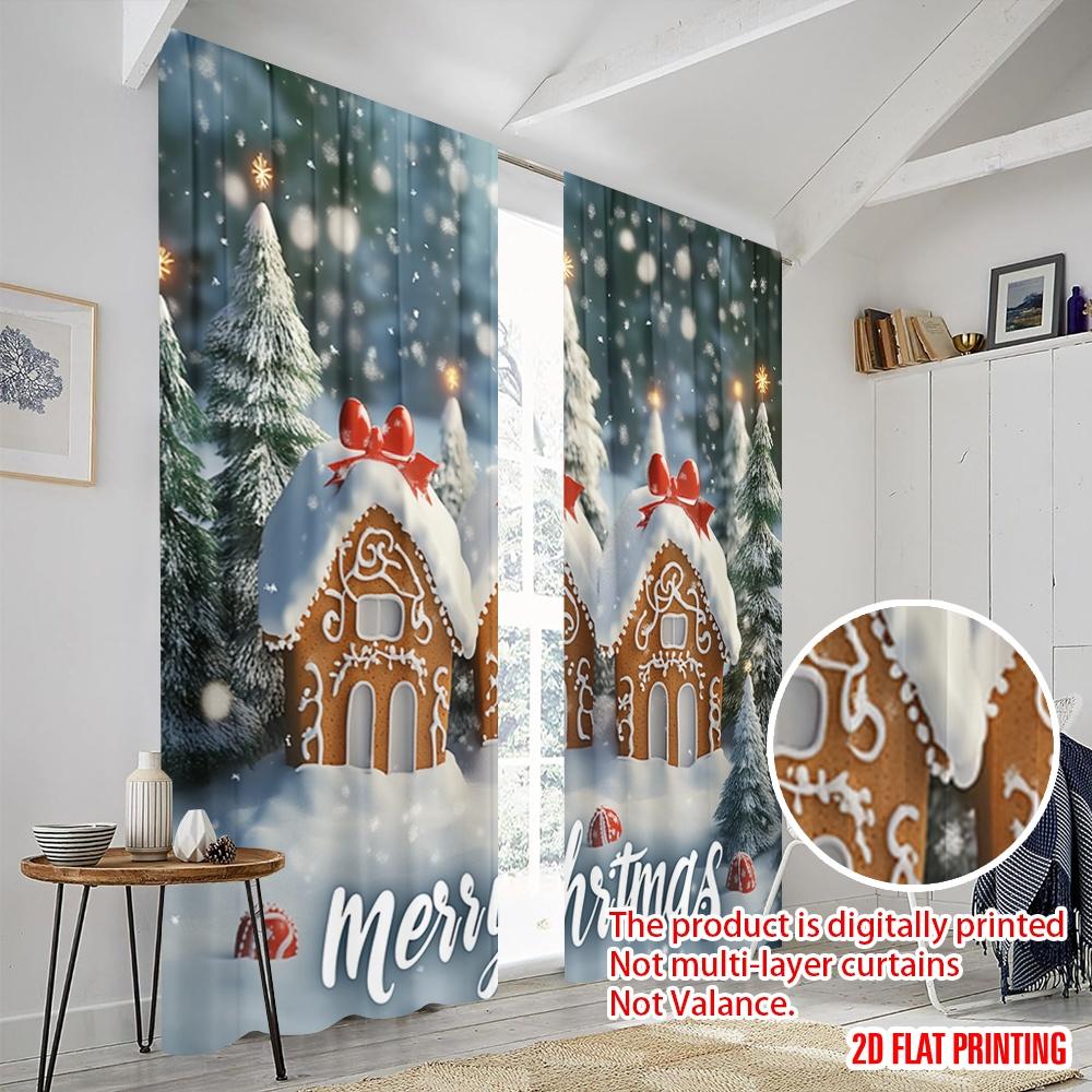 2pcs,2D plane printing Pattern Curtains Gingerbread Houses Christmas Snow (2) Versatile Polyester Fabric (without rod) Versatile