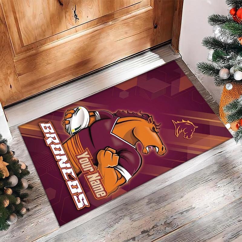 Brisbane Broncos Crystal Velvet Rug, Custom Name Text Personalized Non‑Slip Floor Mat for Home Decor Gift