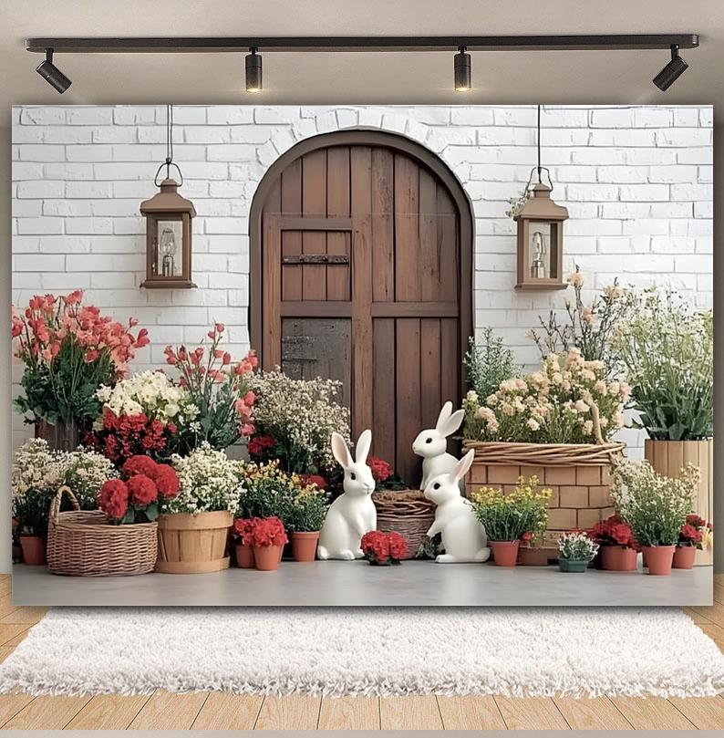 Easter white brick wall flower rabbit Easter egg shooting Backdrop spring flower wall children's birthday party banner Backdrop
