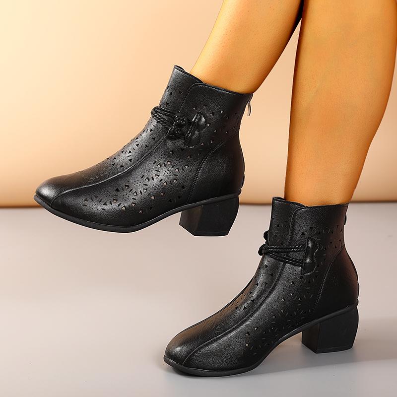 Summer Women's Fashion Hollow-Out Soft Sole Mid-Heel Ankle Boots, Retro Breathable Comfortable Shoes