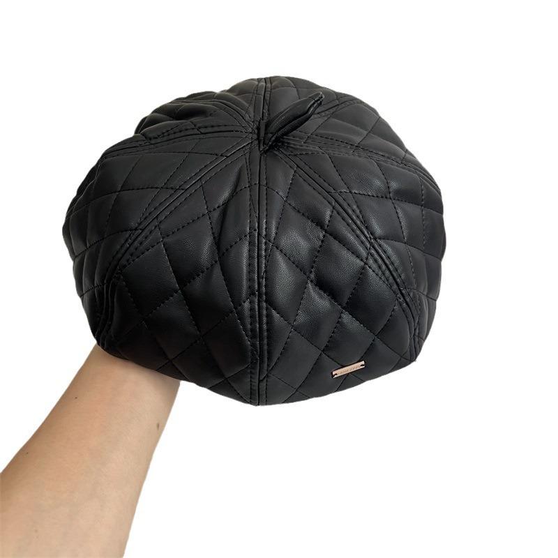 New rhombus beret children's socialite style light luxury leather painter hat splicing retro fashion trend