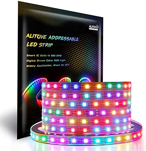 

ALITOVE LED Strip Light, WS2812B Addressable 5050RGB SMD, 5m, 300 Pixels, Dream Color, Waterproof, Black Base, DC 5V, Illumination
