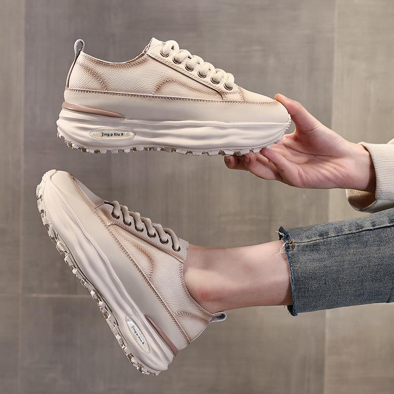 Genuine Leather Shoes Women Sneakers Flat Fashion Brand Ladies Shoes Soft Comfortable Height Increasing 4cm