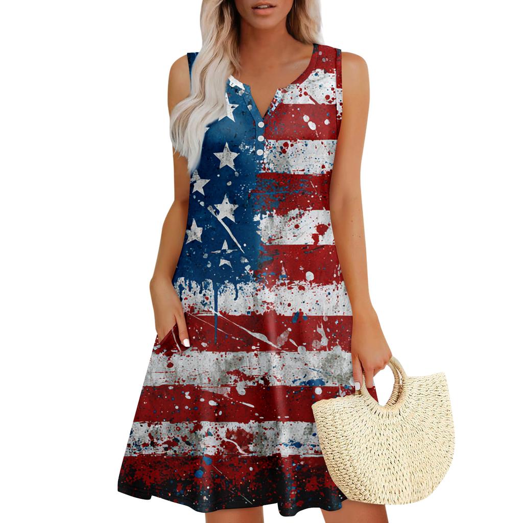 Damen Sommerkleider Lockeres V-Ausschnitt Ärmelloses Sommerkleid Kleid Mit Taschen