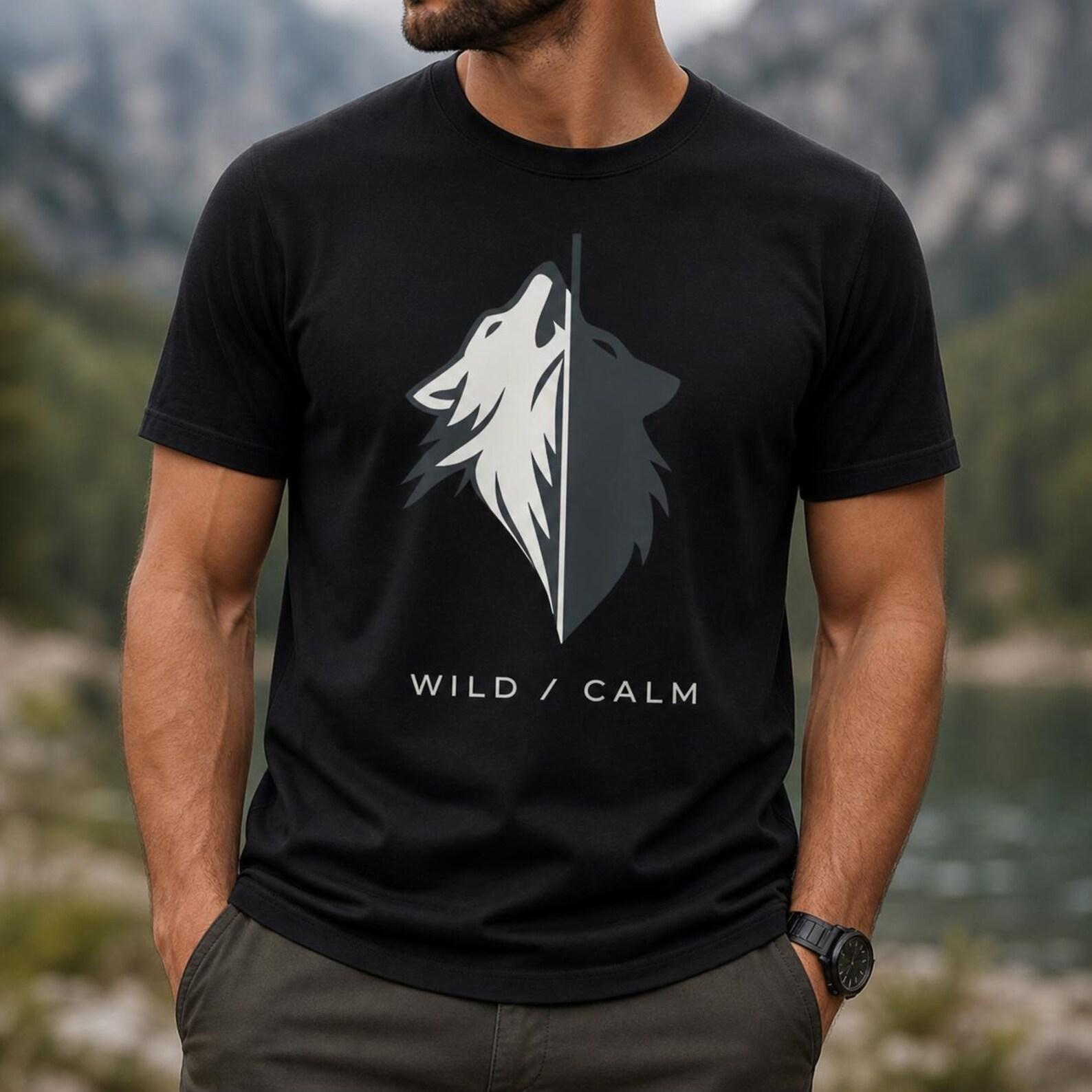 Wild Calm Wolf Shirt, Minimalist Yin Yang Graphic Tee, Spiritual Animal Nature Balance 2XL