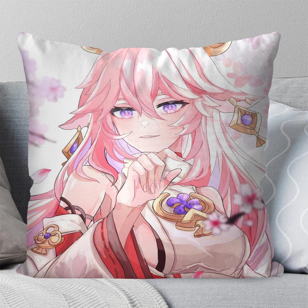 Yae Miko Animation Game G-Genshin I-Impact Pillow Case Square Pillow Bedroom Sofa Leisure Car Living Room Home Decoration 40X40