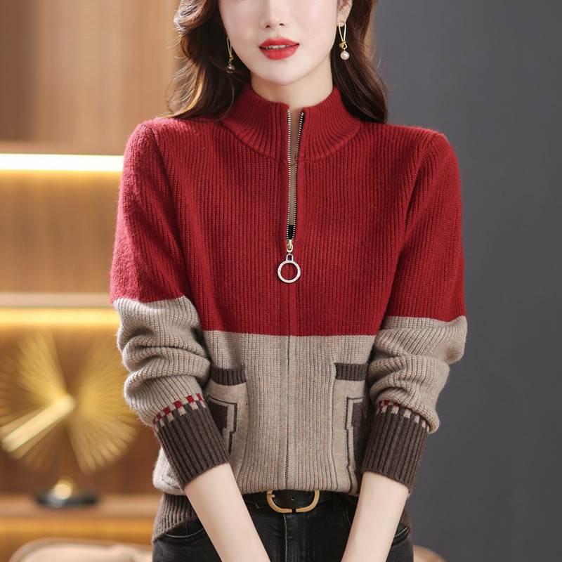 Elegant mother fashion cardigan M standard spring and autumn contrasting color splicing loose zipper sweater jacket stand-up collar with tide