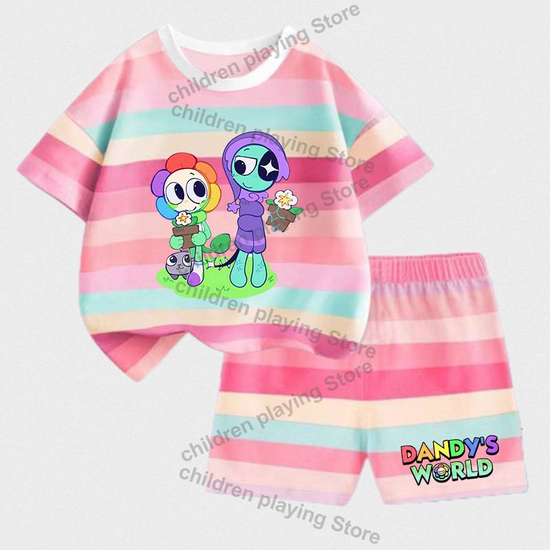 Dandys World Dziecięce Zestawy w Paski Lato Dziewczynki Chłopcy T-Shirt Szorty Garnitury Nadruk Kawaii Casualowa Odzież Sportowa Dziecięca Bielizna Nocna Prezenty