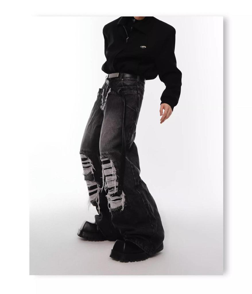 Men's American Retro Double Waist Ripped Patch Straight Jeans