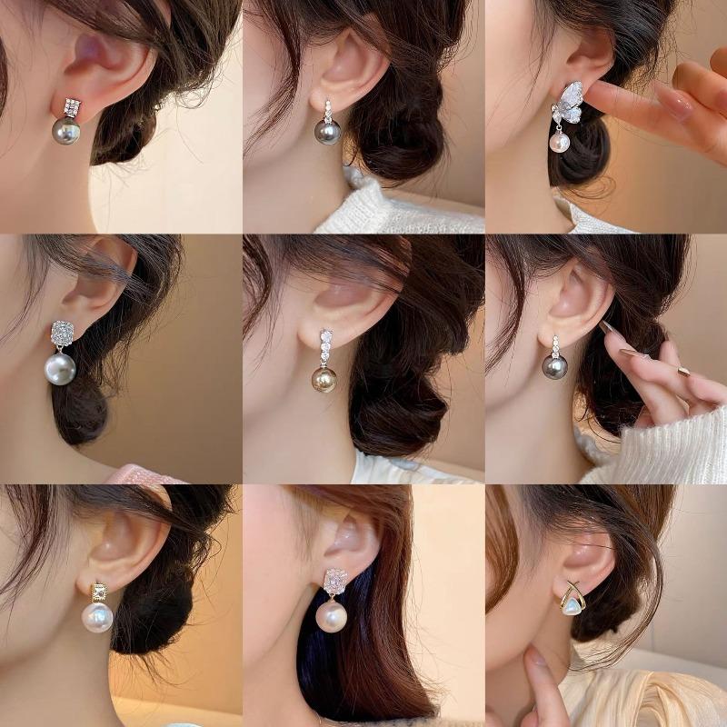 Silver needle zircon butterfly pearl earrings niche design light luxury stud earrings French high-end retro earrings wholesale