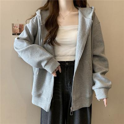 Gray Real Shot Cardigan Hooded Sweater Women's Autumn Loose and Thin Student Casual Waffle Solid Color Top