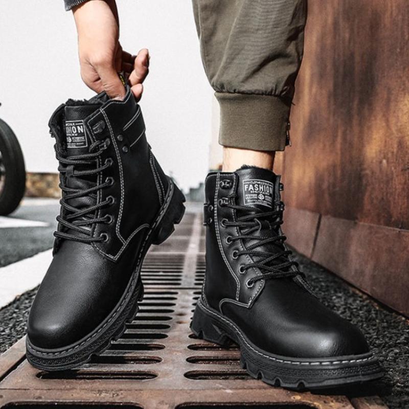 Thickened Fleece Lined Men's Winter Warm Cotton Padded Snow Boots Work Safety Motorcycle Workwear Leather Waterproof Lace Up