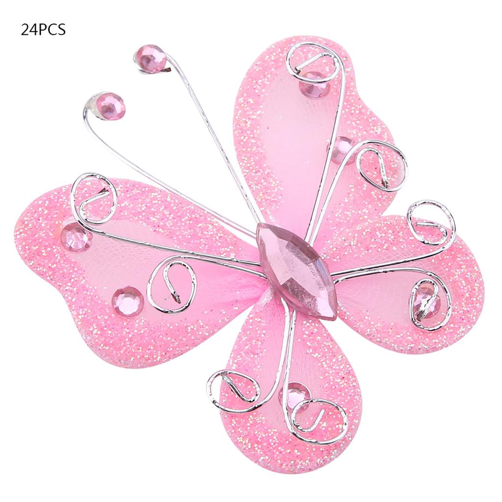 24 Stück Durchscheinendes Netz Draht Glitzer Schmetterling Hochzeitsfeier Kleiderdekoration DIY Zubehör Rosa
