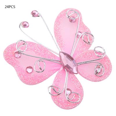 24pcs Sheer Mesh Wire Glitter Butterfly Wedding Party Clothing Decoration DIY Supplies Pink