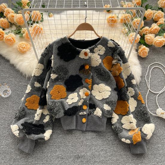 Women Coat Cardigan Single-breasted Long Sleeves Flower Elegant Keep Warm Elastic Cuff