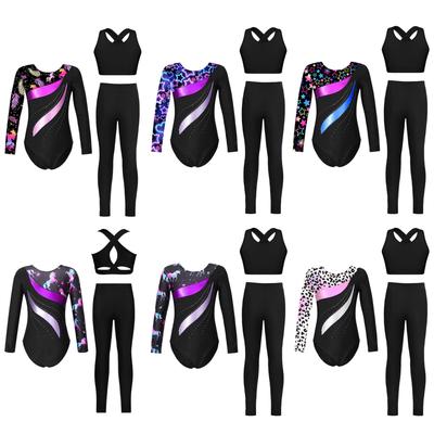 3Pcs Set Girls Gymnastics Outfit Long Sleeve Metallic Patchwork Leotard with Cross Back Vest and Leggings