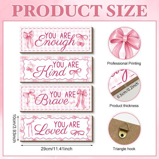 Pink Bow Inspirational Wall Decor Positive Affirmations Wall Art Wooden Hanging Plaque Sign for Teen Girls Room Nursery Bedroom Decor