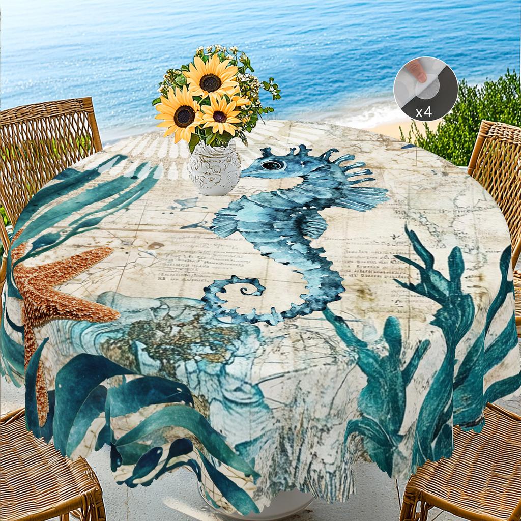 1 Piece Of Summer Retro Ocean Theme Printed Tablecloth, Seahorse, Seaweed, Starfish Pattern Design, Suitable For Spring And Summer Camping Style Picni