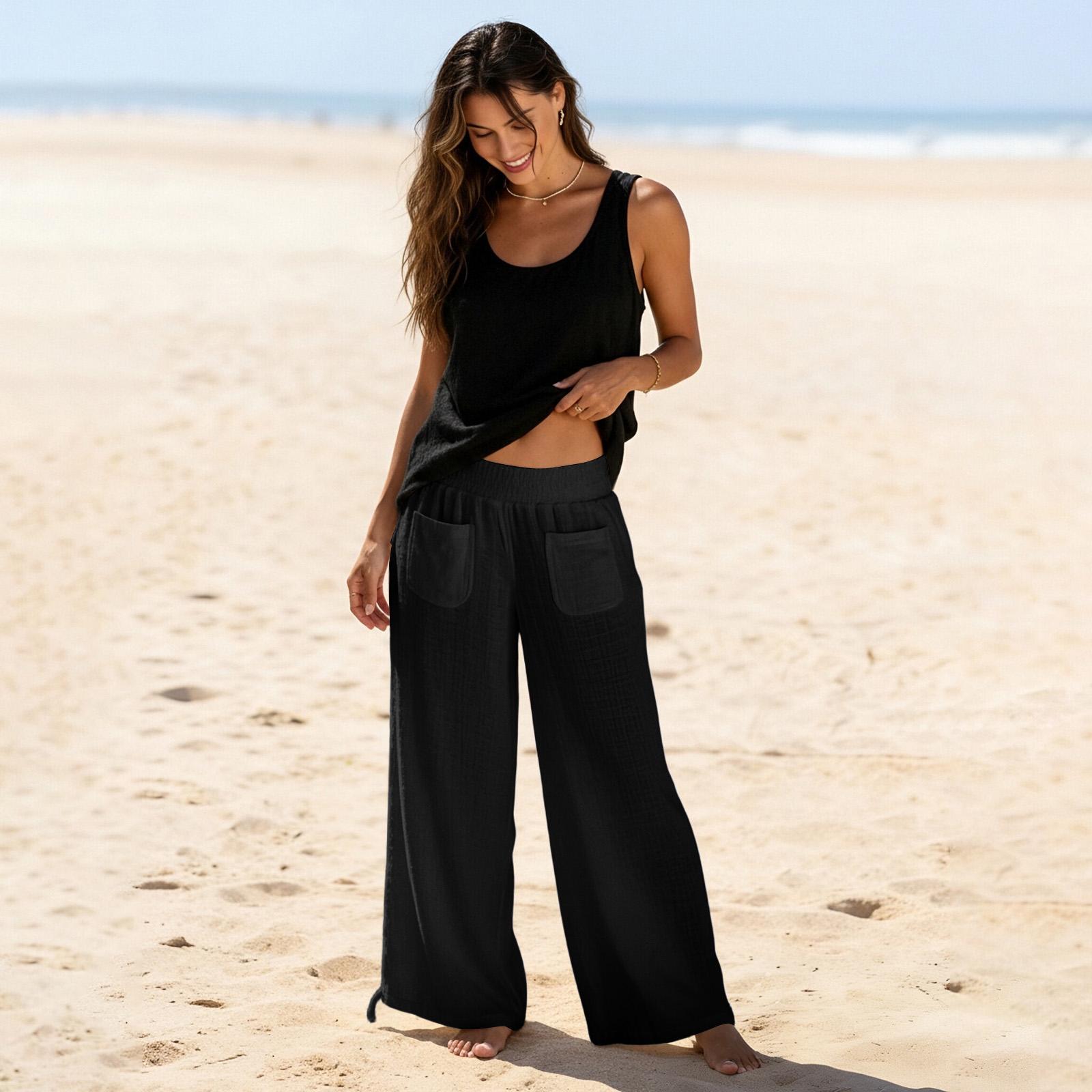 Women s Cotton And Linen Fashion Casual Pocket Drawstring Trousers XL