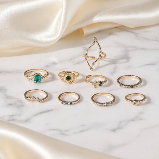 9Pcs/Set Women Ring Set, Multiple Styles Adjustable Stacking Rings, Stackable Finger Band with Green Rhinestones Inlay for Jewelry Gift