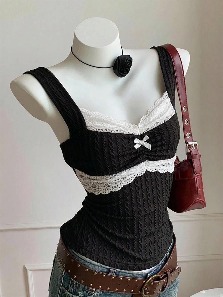 Y2K Harajuku-stil Lapptäcke Spetsrosett Väst - Dam Sommartopp
