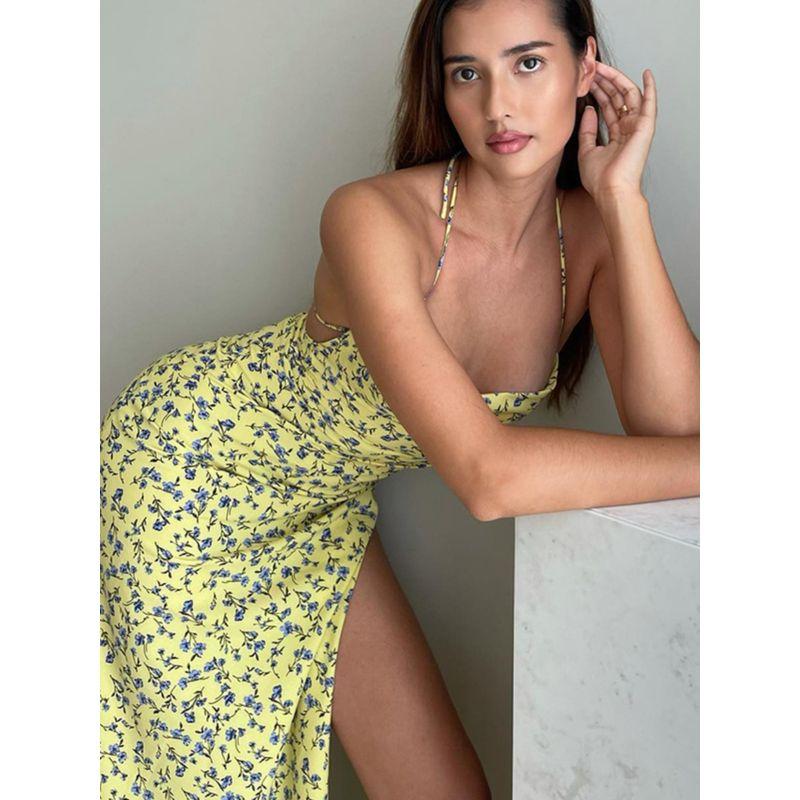 Summer New Yellow Sexy Slit Halter Dress