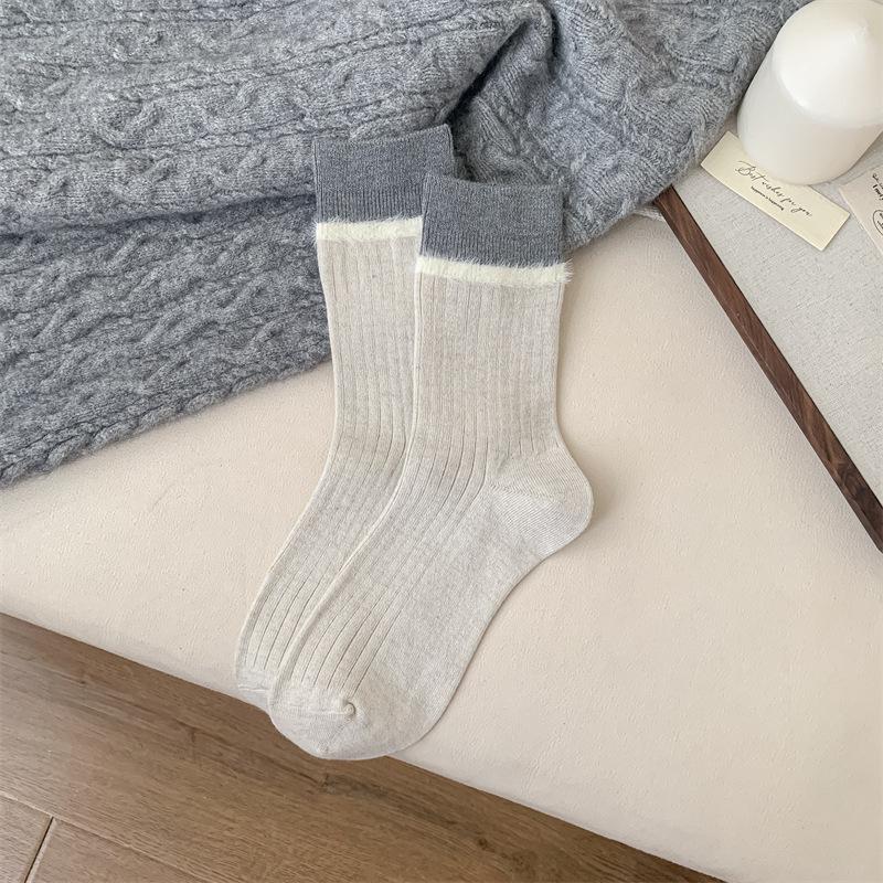 Autumn and Winter Flocked, Color-blocked Thickened Wool Socks for Women, Boneless Casual Mid-calf Socks